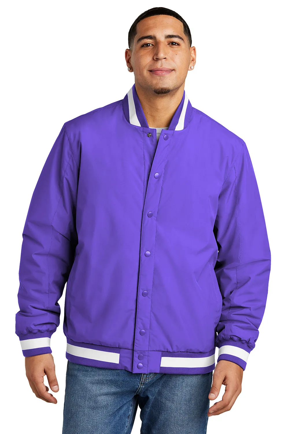 Sport-Tek Mens Water Resistant Snap Down Varsity Jacket - Purple