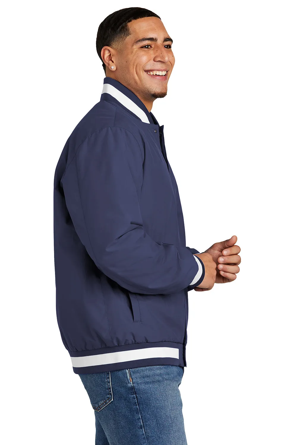 Sport-Tek Mens Water Resistant Snap Down Varsity Jacket - True Navy Blue