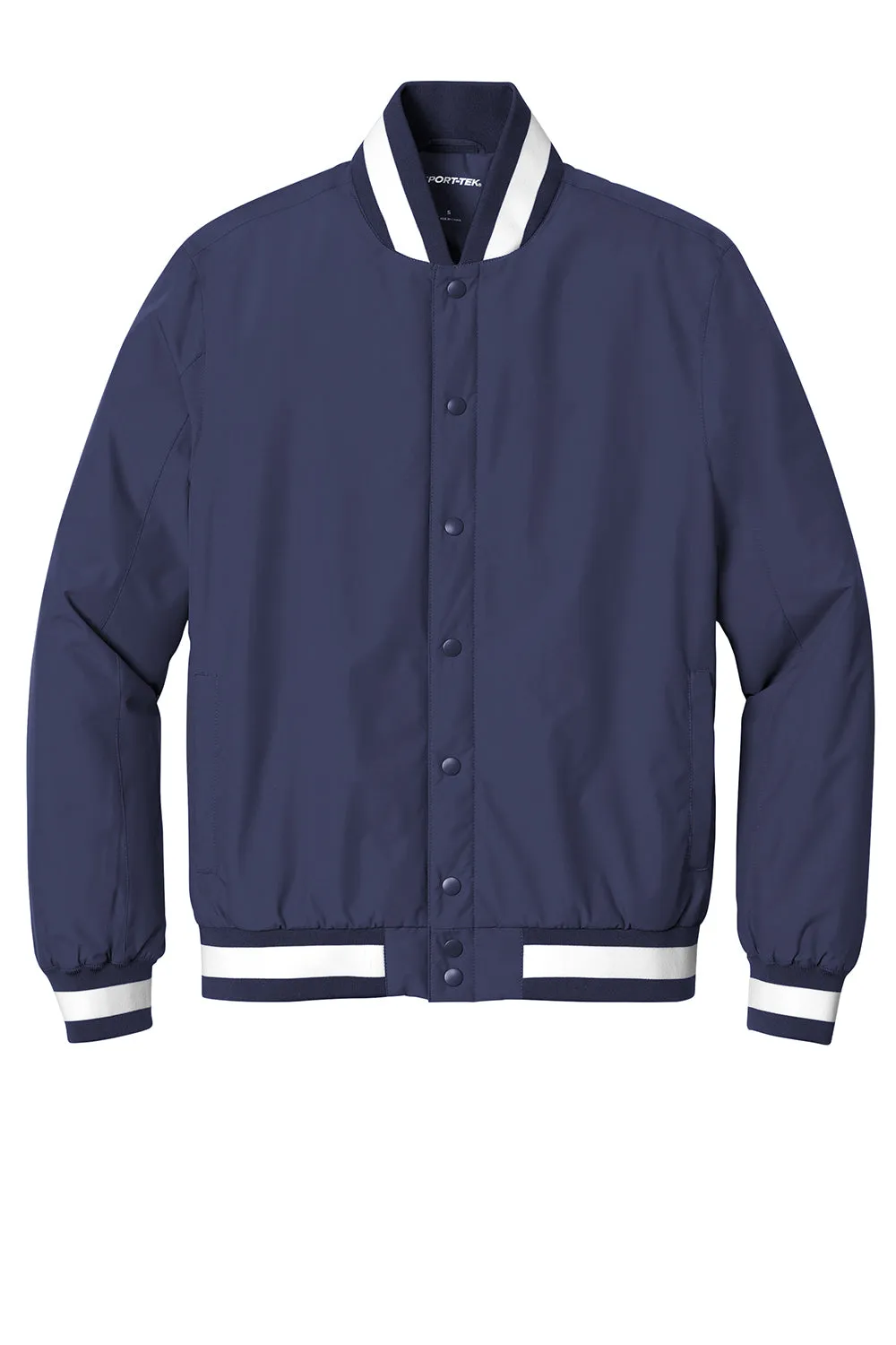 Sport-Tek Mens Water Resistant Snap Down Varsity Jacket - True Navy Blue