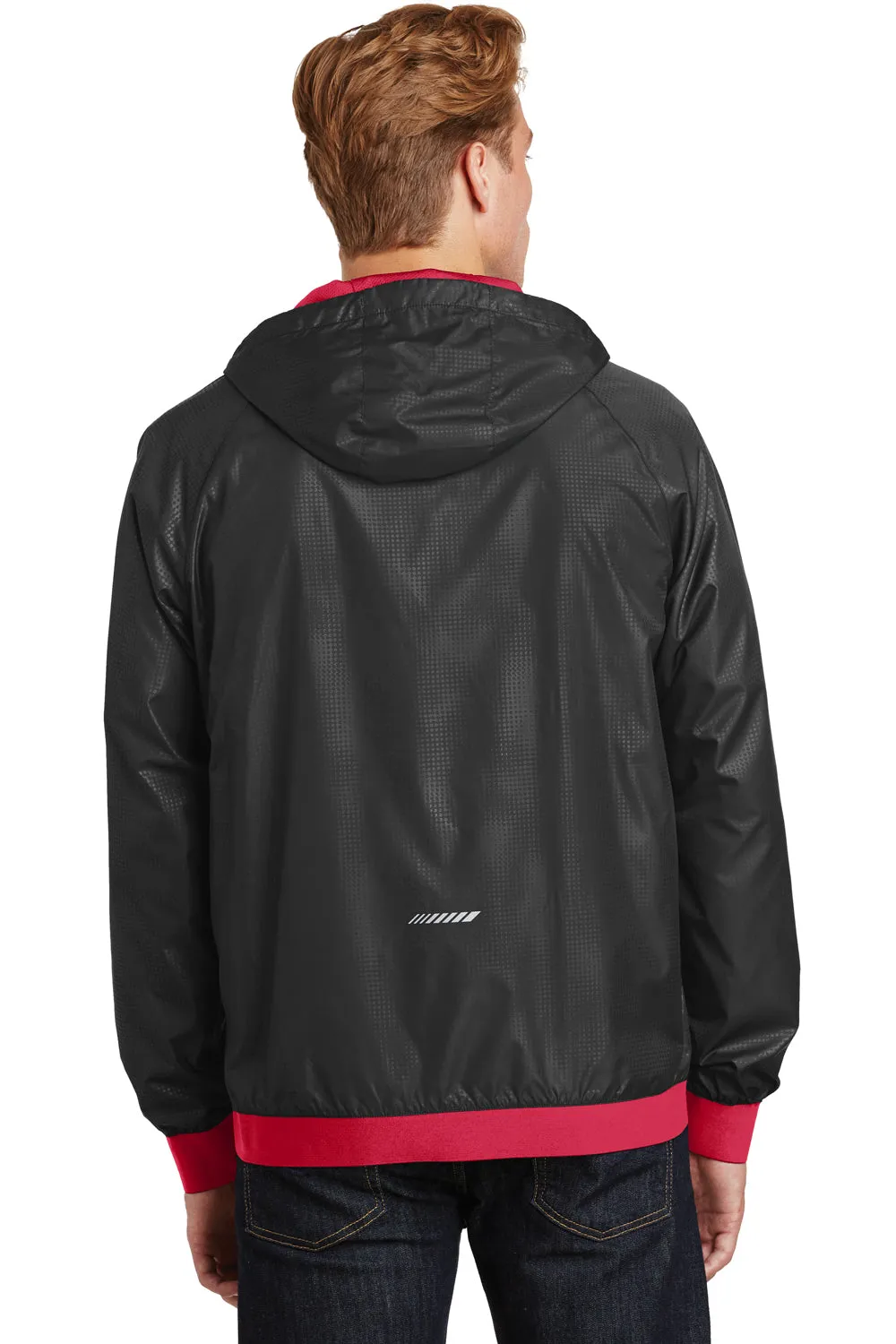 Sport-Tek Mens Wind & Water Resistant Full Zip Hooded Jacket - Black/True Red - Closeout