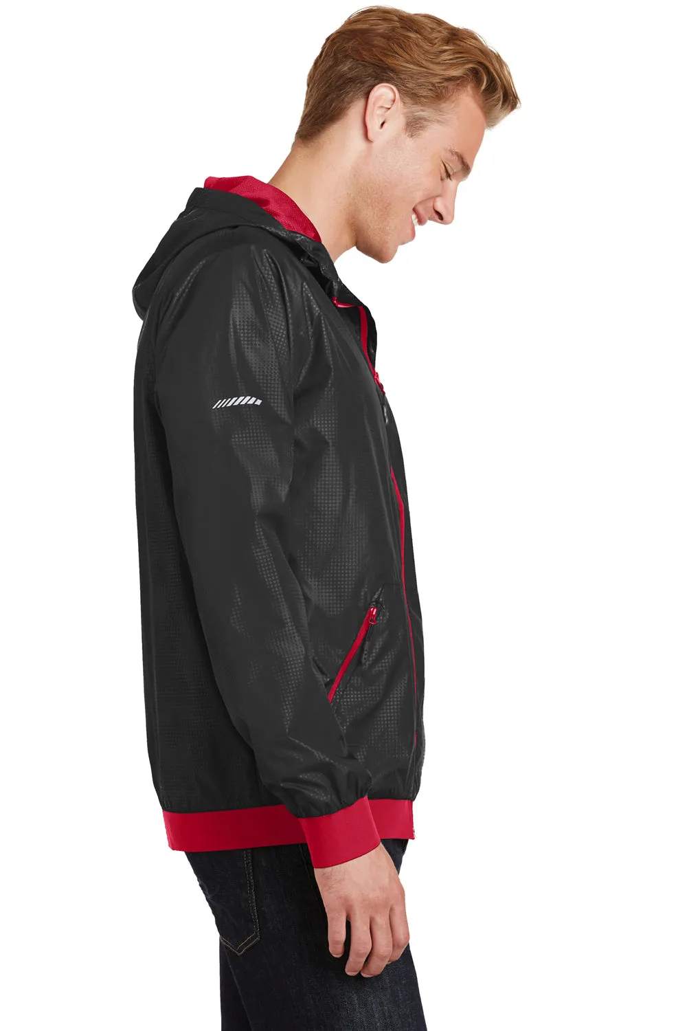 Sport-Tek Mens Wind & Water Resistant Full Zip Hooded Jacket - Black/True Red - Closeout