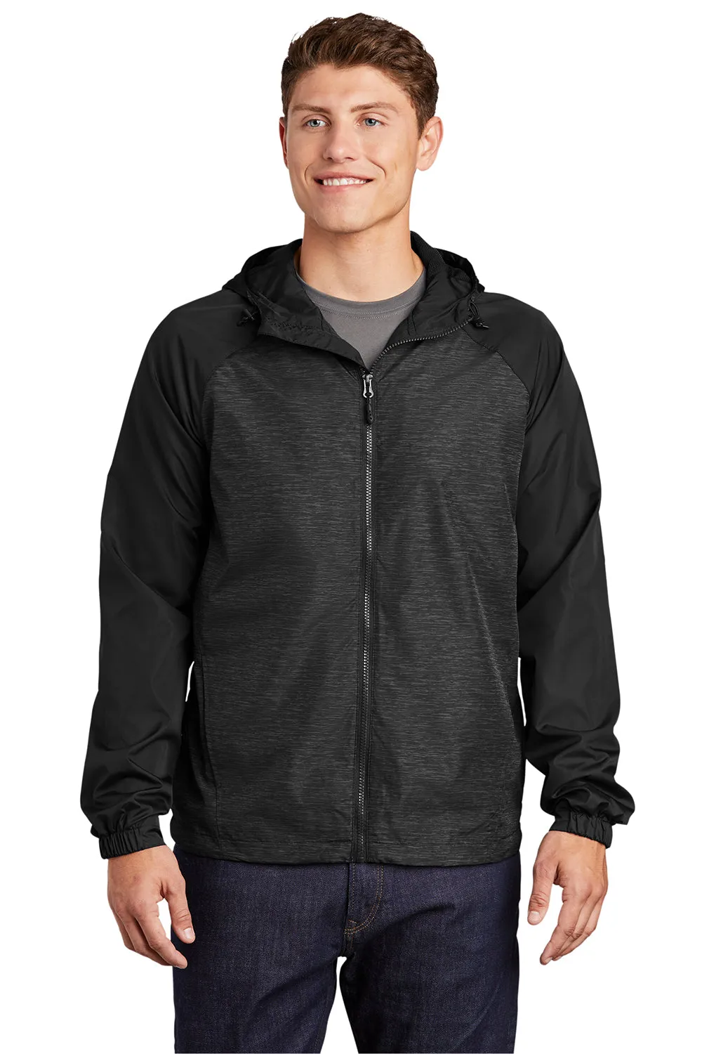 Sport-Tek Mens Wind & Water Resistant Full Zip Hooded Jacket - Heather Black/Black - Closeout
