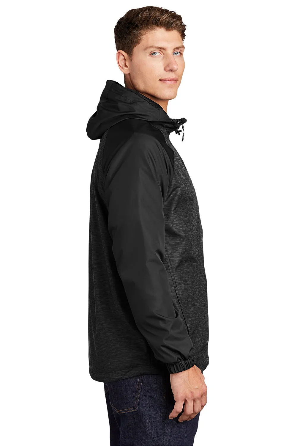 Sport-Tek Mens Wind & Water Resistant Full Zip Hooded Jacket - Heather Black/Black - Closeout