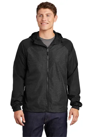 Sport-Tek Mens Wind & Water Resistant Full Zip Hooded Jacket - Heather Black/Black - Closeout