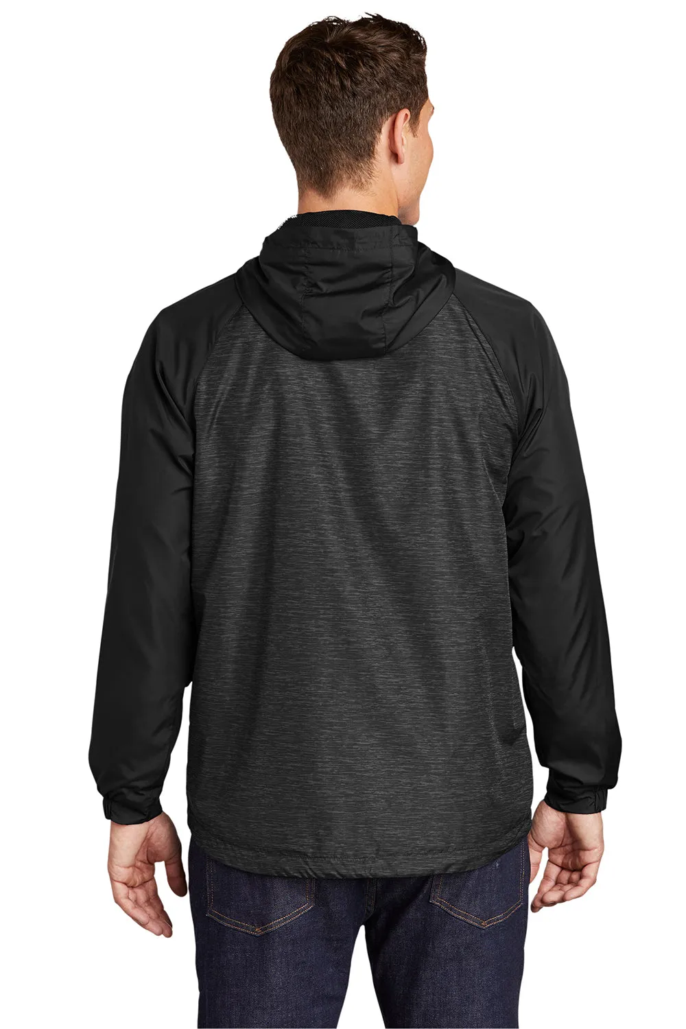 Sport-Tek Mens Wind & Water Resistant Full Zip Hooded Jacket - Heather Black/Black - Closeout