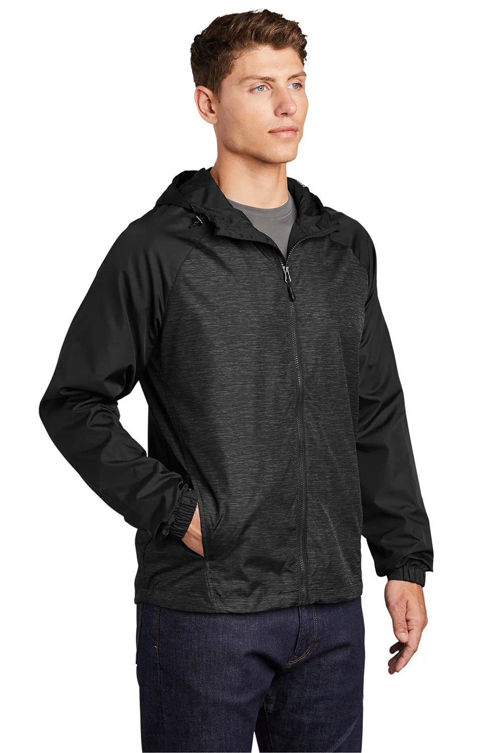 Sport-Tek Mens Wind & Water Resistant Full Zip Hooded Jacket - Heather Black/Black - Closeout