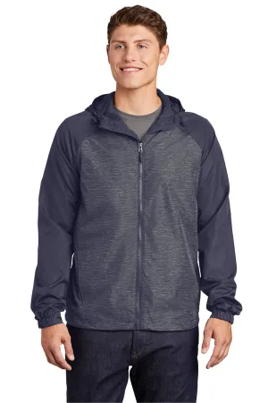 Sport-Tek Mens Wind & Water Resistant Full Zip Hooded Jacket - Heather True Navy Blue/Navy Blue - Closeout