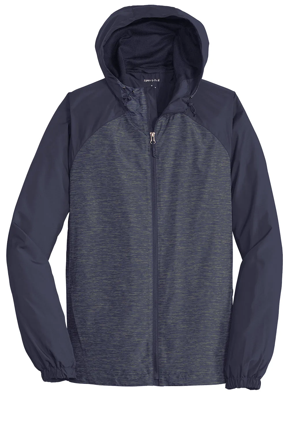 Sport-Tek Mens Wind & Water Resistant Full Zip Hooded Jacket - Heather True Navy Blue/Navy Blue - Closeout