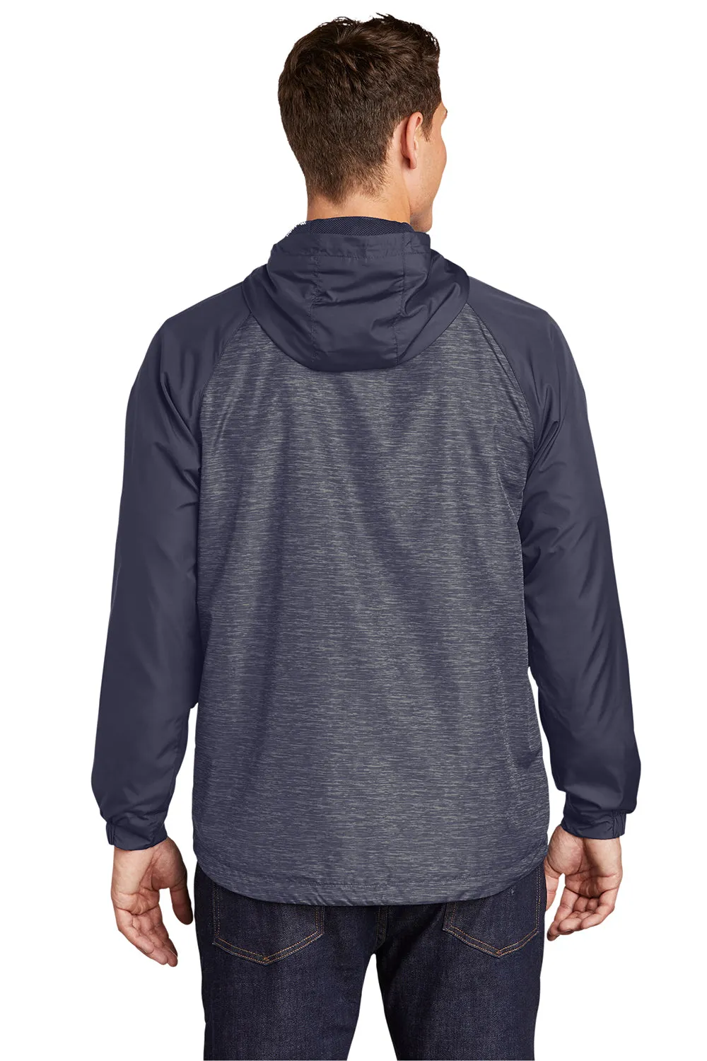 Sport-Tek Mens Wind & Water Resistant Full Zip Hooded Jacket - Heather True Navy Blue/Navy Blue - Closeout