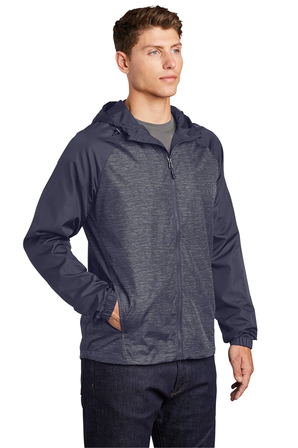 Sport-Tek Mens Wind & Water Resistant Full Zip Hooded Jacket - Heather True Navy Blue/Navy Blue - Closeout