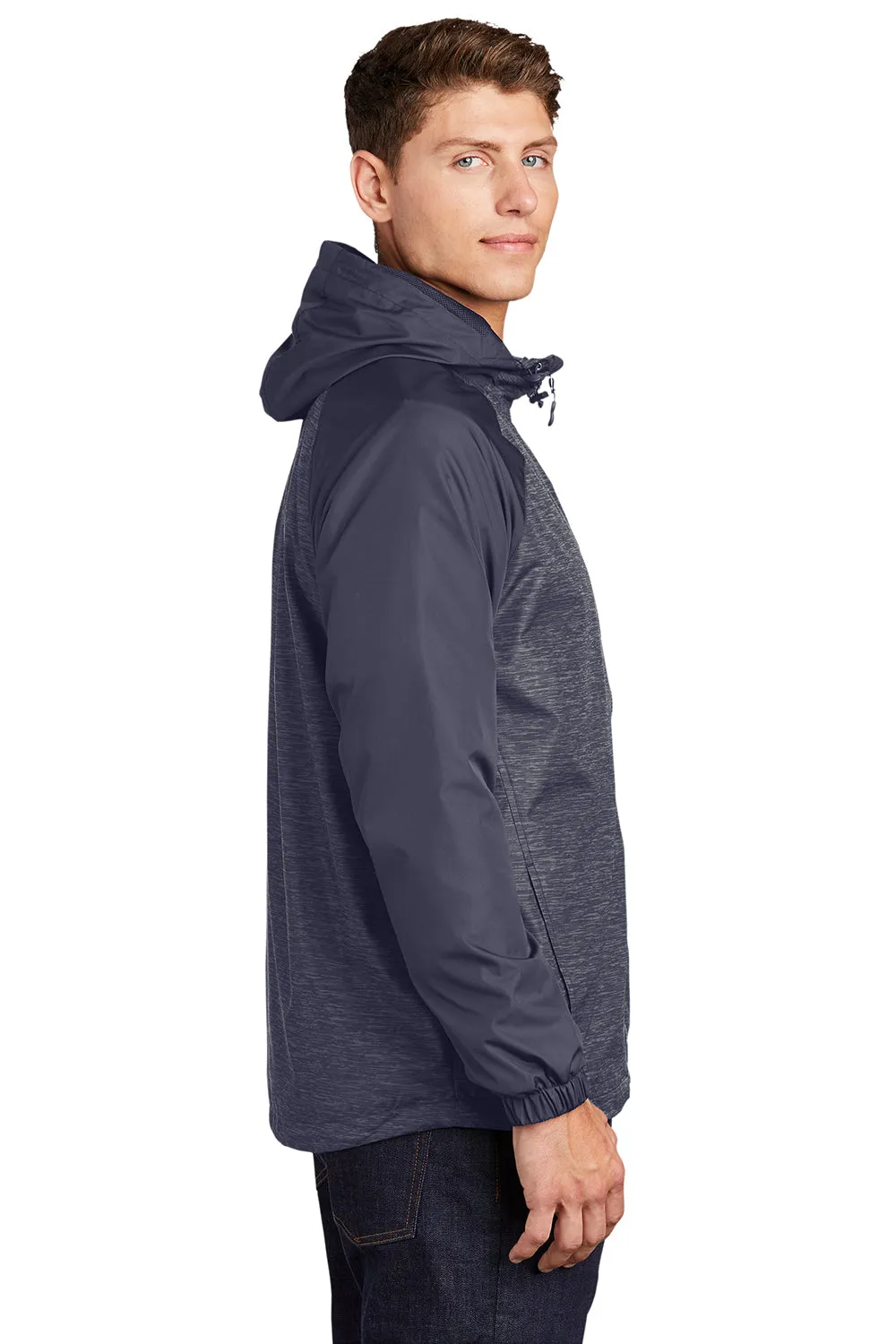 Sport-Tek Mens Wind & Water Resistant Full Zip Hooded Jacket - Heather True Navy Blue/Navy Blue - Closeout