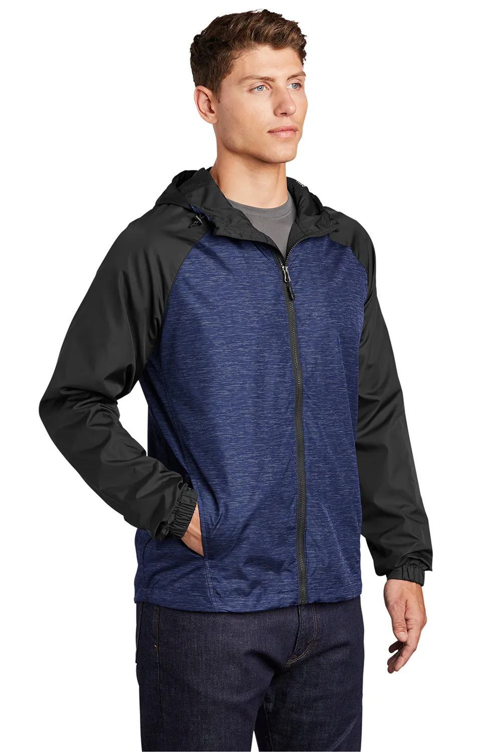 Sport-Tek Mens Wind & Water Resistant Full Zip Hooded Jacket - Heather True Royal Blue/Black - Closeout