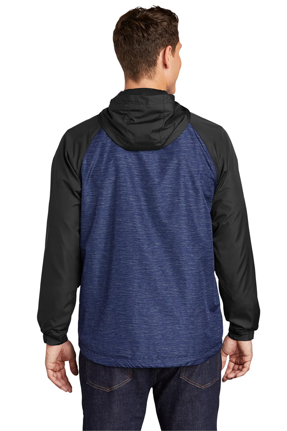 Sport-Tek Mens Wind & Water Resistant Full Zip Hooded Jacket - Heather True Royal Blue/Black - Closeout