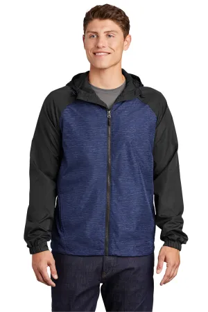 Sport-Tek Mens Wind & Water Resistant Full Zip Hooded Jacket - Heather True Royal Blue/Black - Closeout