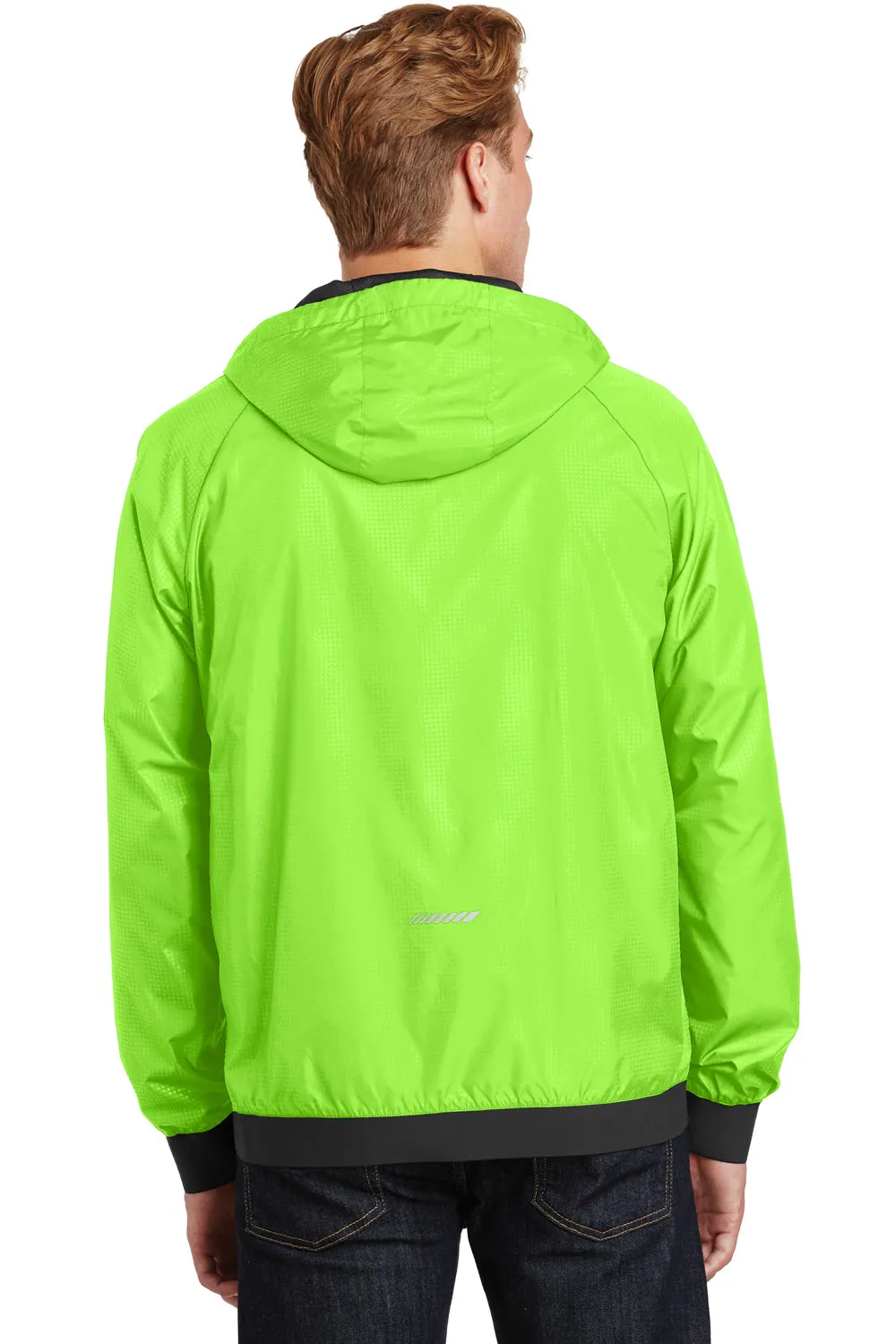 Sport-Tek Mens Wind & Water Resistant Full Zip Hooded Jacket - Lime Shock Green/Black - Closeout