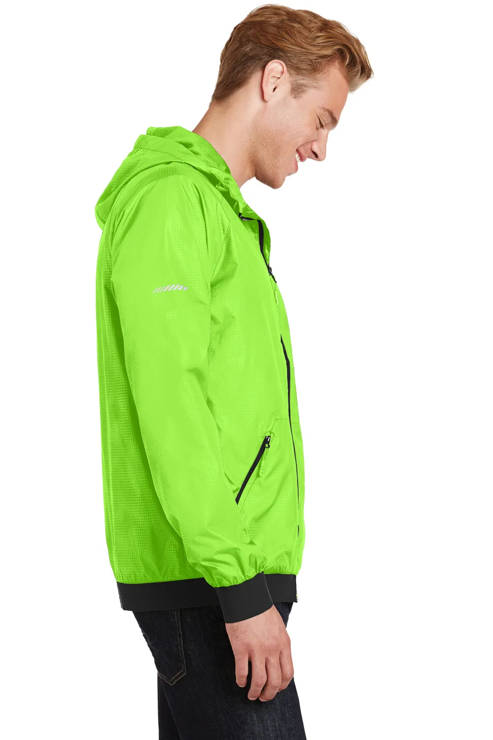 Sport-Tek Mens Wind & Water Resistant Full Zip Hooded Jacket - Lime Shock Green/Black - Closeout