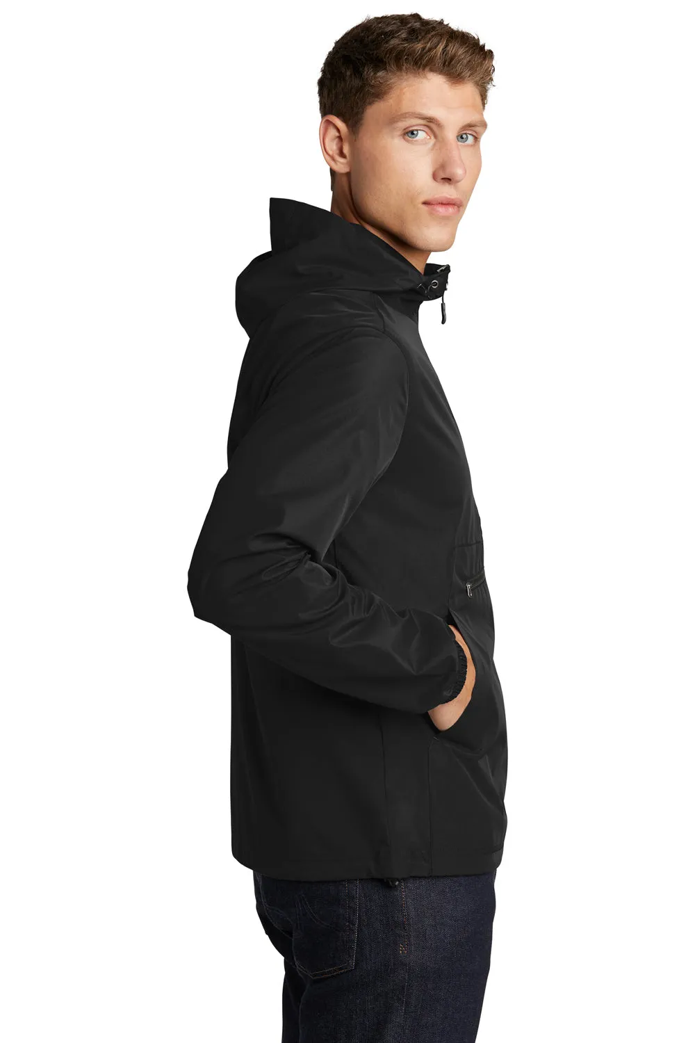 Sport-Tek Mens Wind & Water Resistant Packable Anorak 1/4 Zip Hooded Jacket - Black