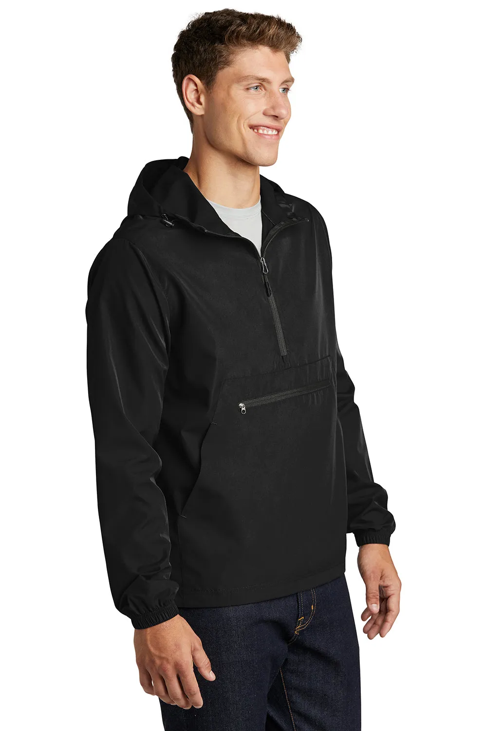 Sport-Tek Mens Wind & Water Resistant Packable Anorak 1/4 Zip Hooded Jacket - Black