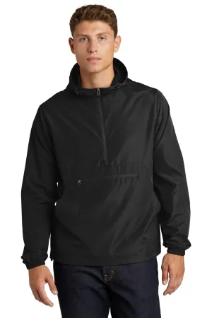 Sport-Tek Mens Wind & Water Resistant Packable Anorak 1/4 Zip Hooded Jacket - Black