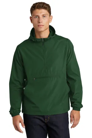 Sport-Tek Mens Wind & Water Resistant Packable Anorak 1/4 Zip Hooded Jacket - Forest Green