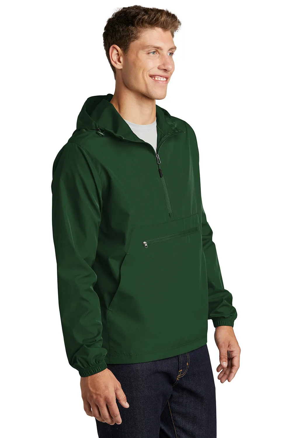 Sport-Tek Mens Wind & Water Resistant Packable Anorak 1/4 Zip Hooded Jacket - Forest Green