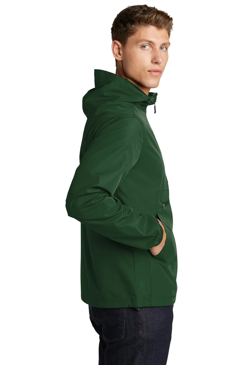 Sport-Tek Mens Wind & Water Resistant Packable Anorak 1/4 Zip Hooded Jacket - Forest Green