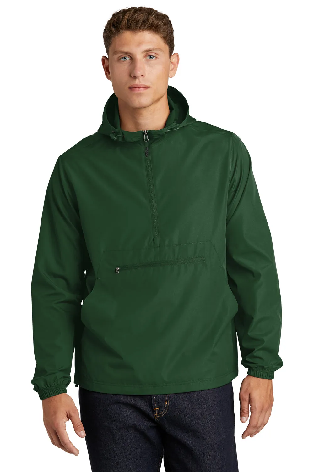 Sport-Tek Mens Wind & Water Resistant Packable Anorak 1/4 Zip Hooded Jacket - Forest Green