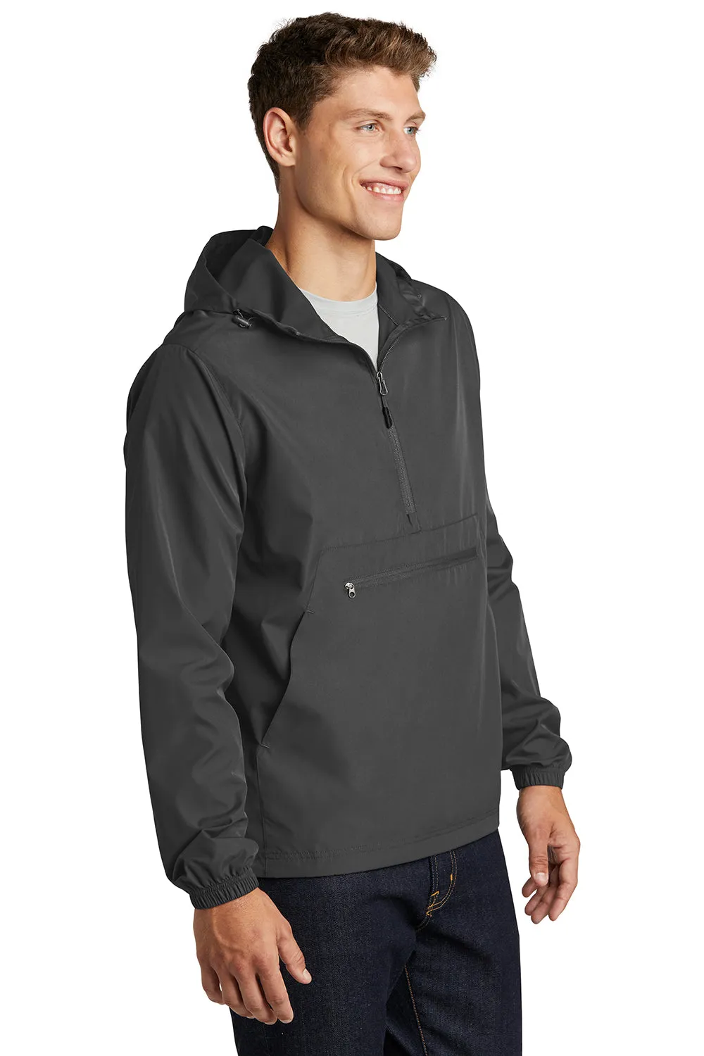 Sport-Tek Mens Wind & Water Resistant Packable Anorak 1/4 Zip Hooded Jacket - Graphite Grey