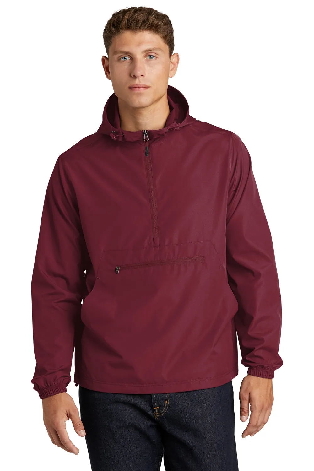 Sport-Tek Mens Wind & Water Resistant Packable Anorak 1/4 Zip Hooded Jacket - Maroon Clothing Sport-Tek