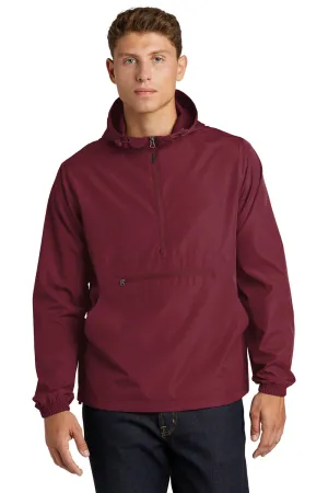 Sport-Tek Mens Wind & Water Resistant Packable Anorak 1/4 Zip Hooded Jacket - Maroon