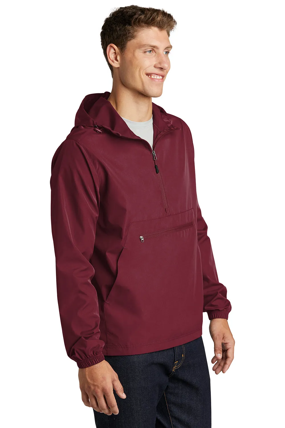 Sport-Tek Mens Wind & Water Resistant Packable Anorak 1/4 Zip Hooded Jacket - Maroon