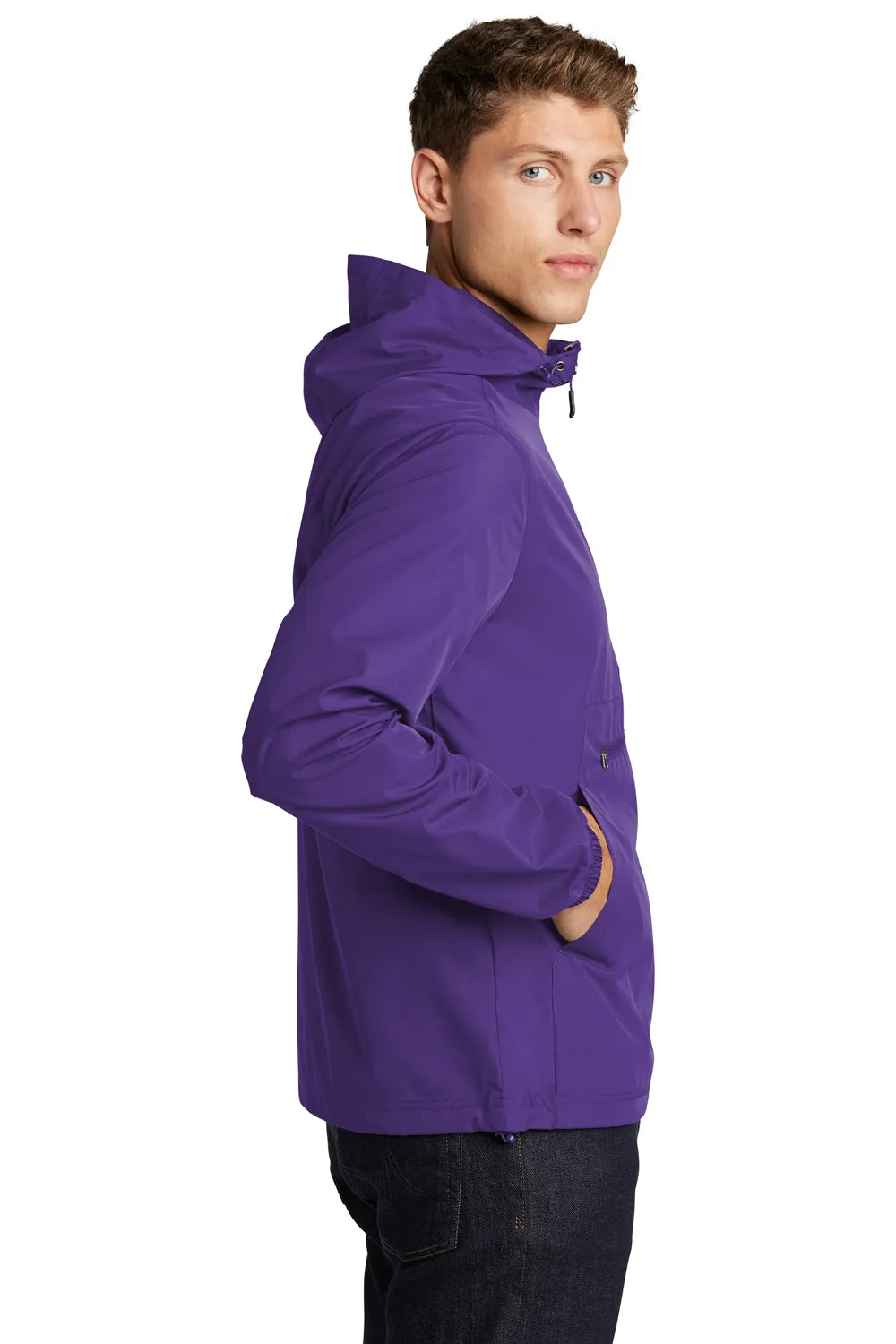 Sport-Tek Mens Wind & Water Resistant Packable Anorak 1/4 Zip Hooded Jacket - Purple