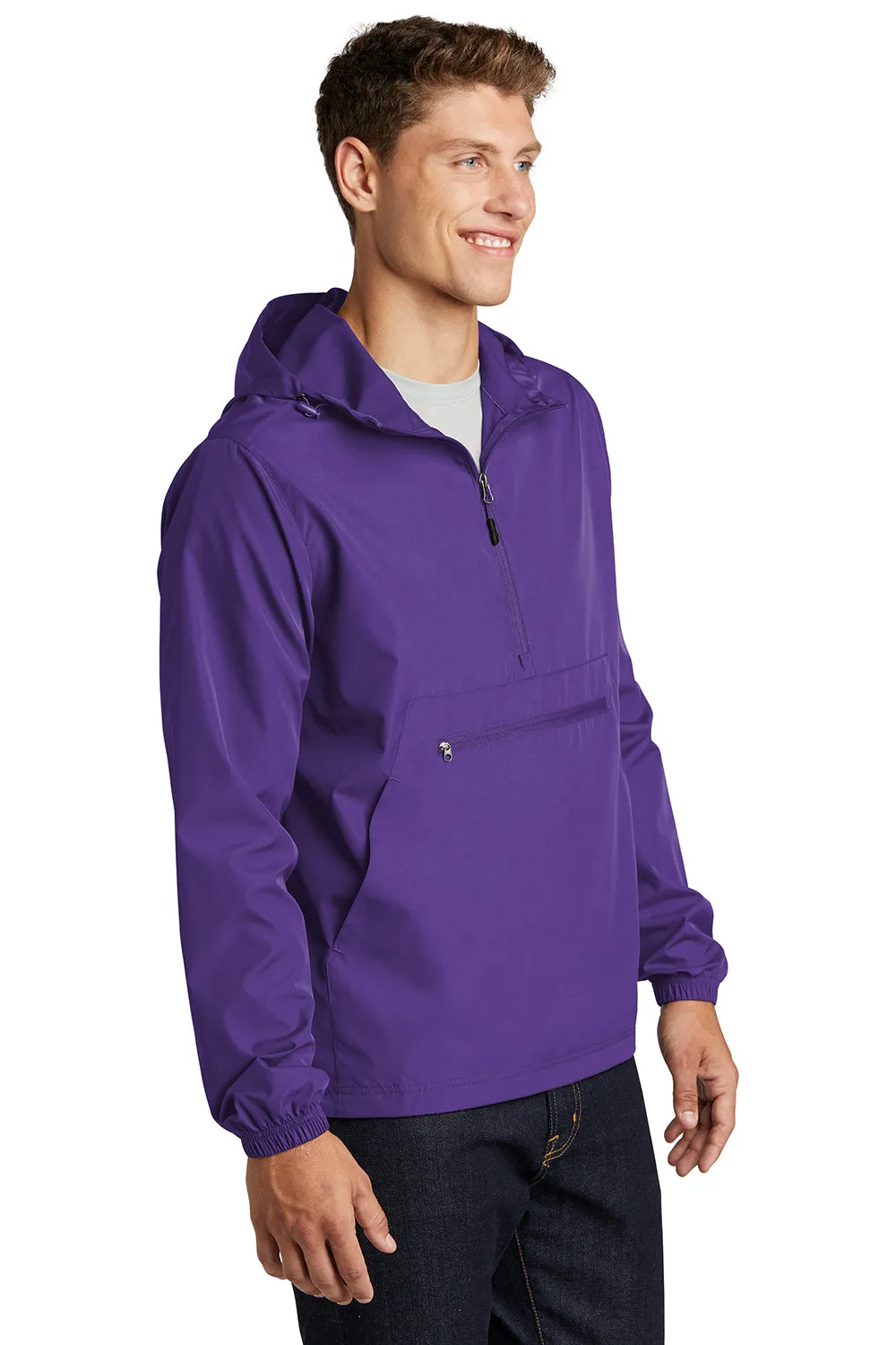 Sport-Tek Mens Wind & Water Resistant Packable Anorak 1/4 Zip Hooded Jacket - Purple