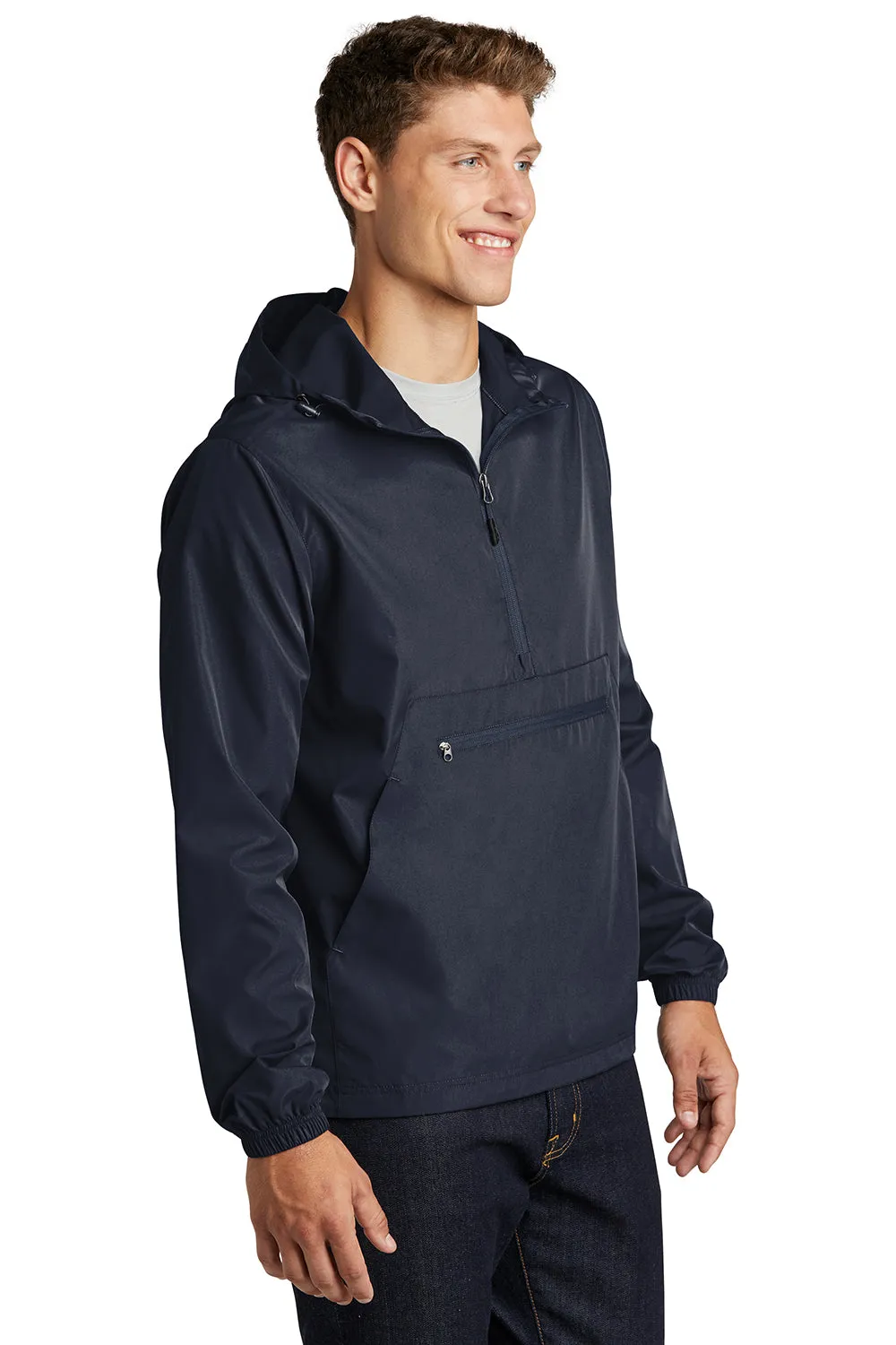 Sport-Tek Mens Wind & Water Resistant Packable Anorak 1/4 Zip Hooded Jacket - True Navy Blue
