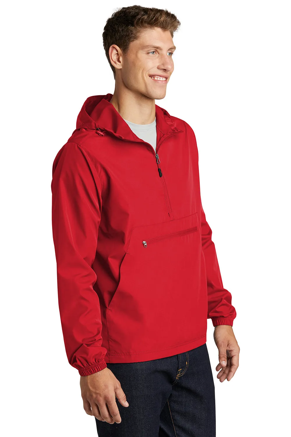 Sport-Tek Mens Wind & Water Resistant Packable Anorak 1/4 Zip Hooded Jacket - True Red