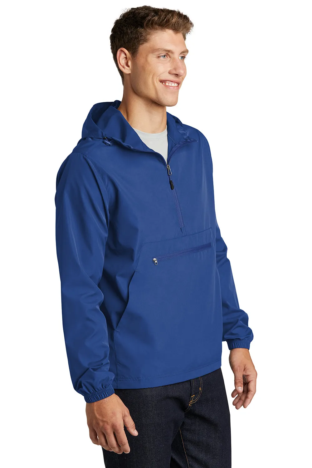 Sport-Tek Mens Wind & Water Resistant Packable Anorak 1/4 Zip Hooded Jacket - True Royal Blue