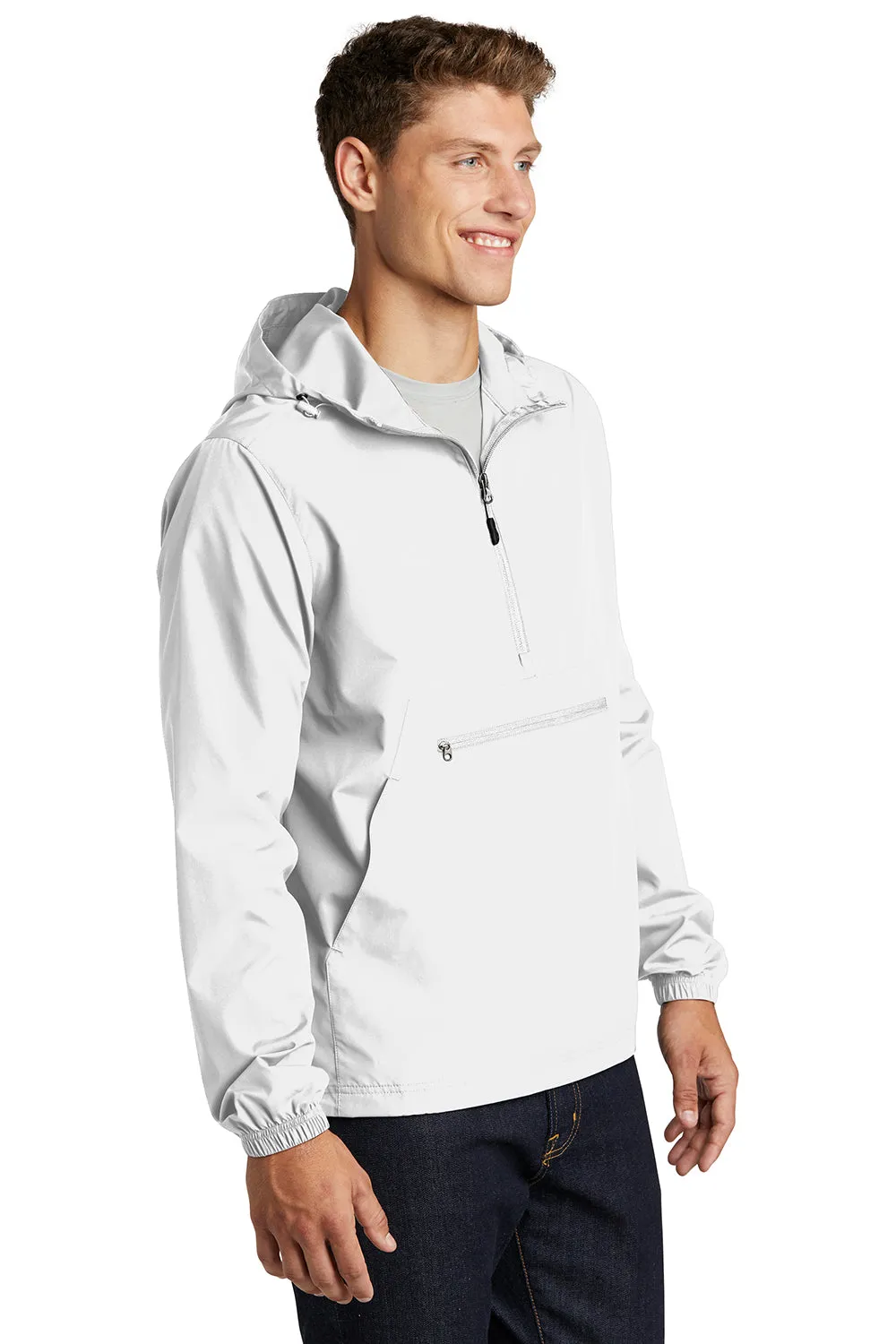 Sport-Tek Mens Wind & Water Resistant Packable Anorak 1/4 Zip Hooded Jacket - White