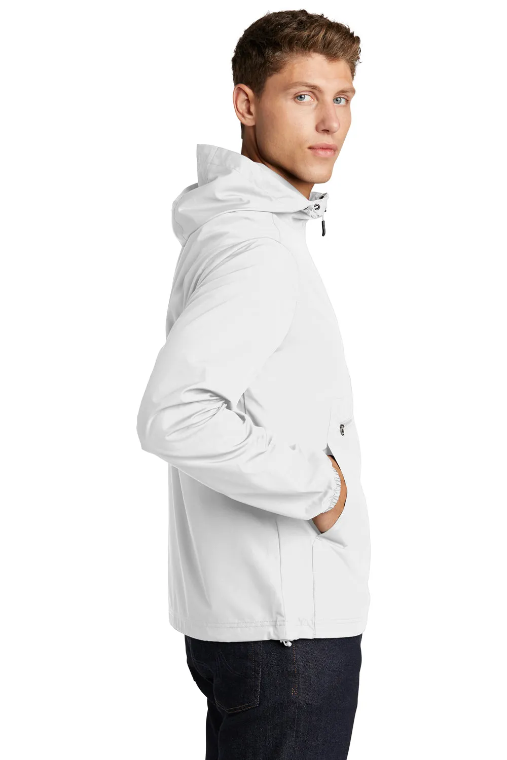Sport-Tek Mens Wind & Water Resistant Packable Anorak 1/4 Zip Hooded Jacket - White
