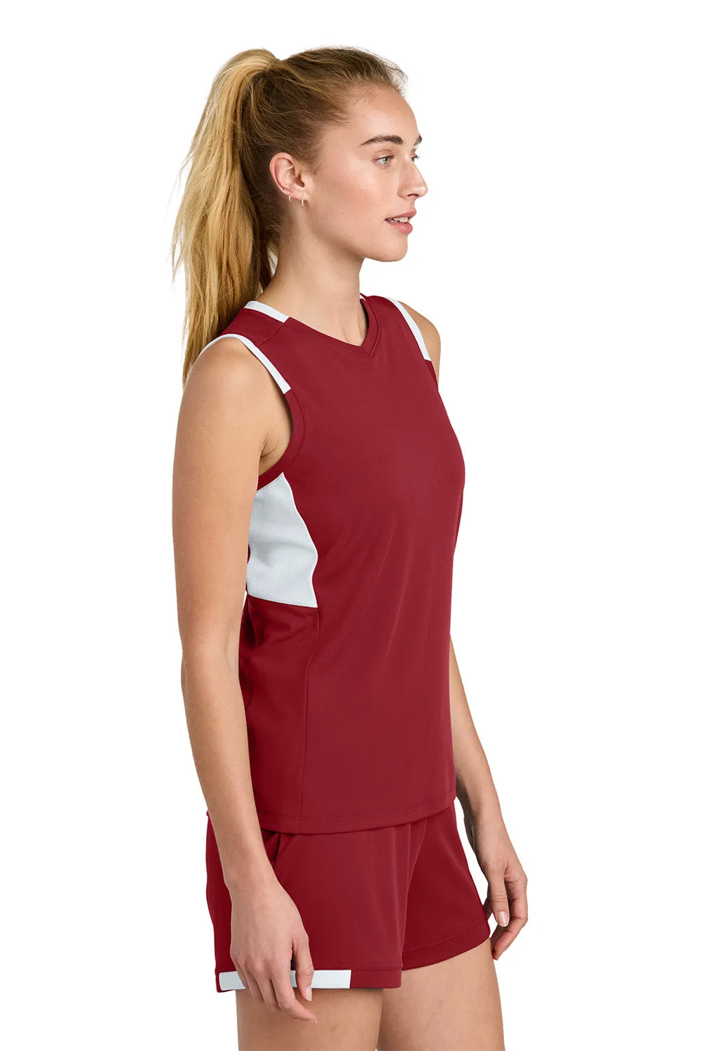 Sport-Tek Womens Club Moisture Wicking V-Neck Tank Top - Deep Red/White Clothing Sport-Tek