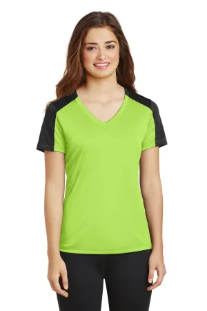Sport-Tek Womens Competitor Moisture Wicking Short Sleeve V-Neck T-Shirt - Lime Shock Green/Black - Closeout Clothing Sport-Tek