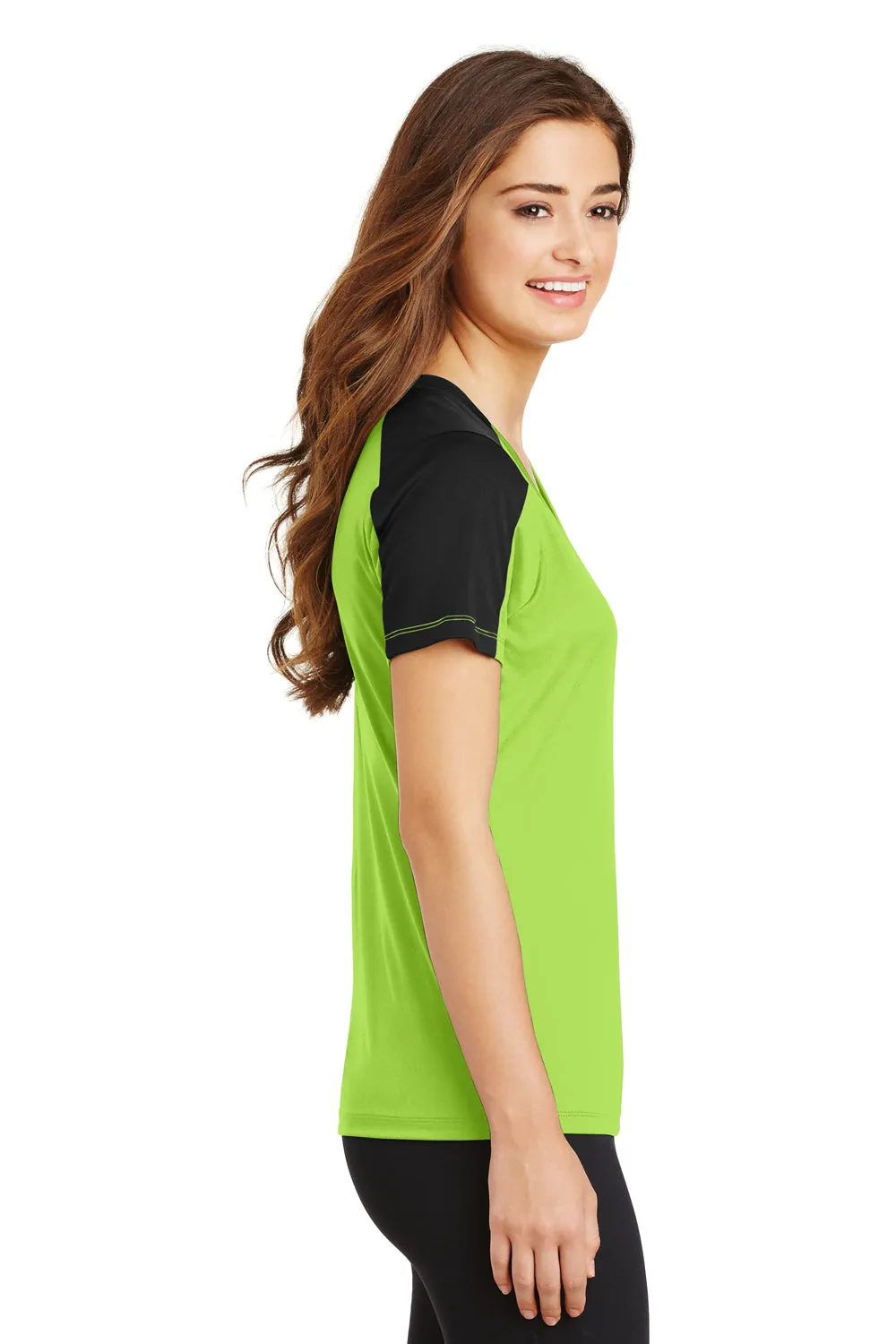 Sport-Tek Womens Competitor Moisture Wicking Short Sleeve V-Neck T-Shirt - Lime Shock Green/Black - Closeout Clothing Sport-Tek