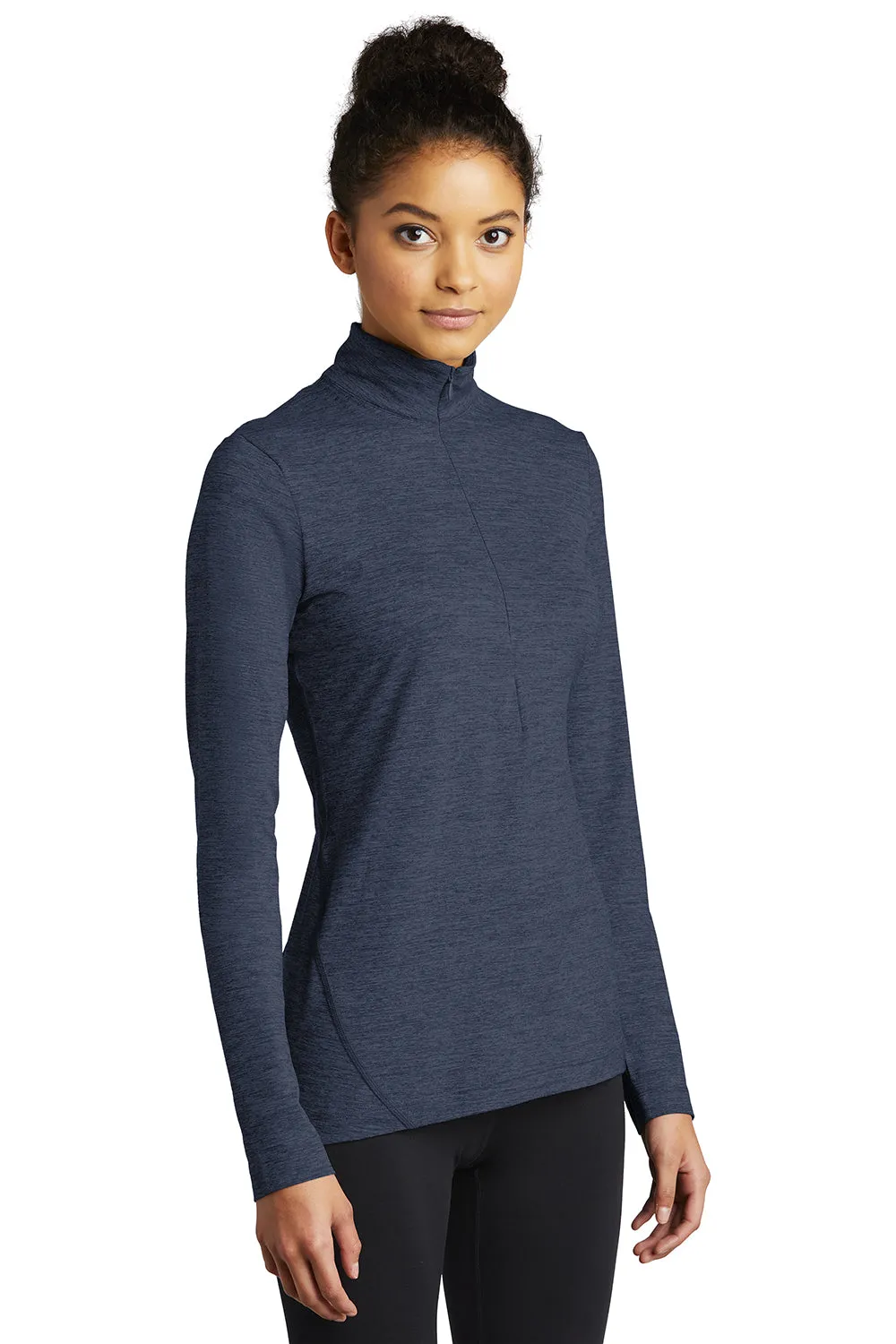 Sport-Tek Womens Exchange 1.5 Long Sleeve 1/4 Zip T-Shirt - Heather Dark Denim Blue Clothing Sport-Tek