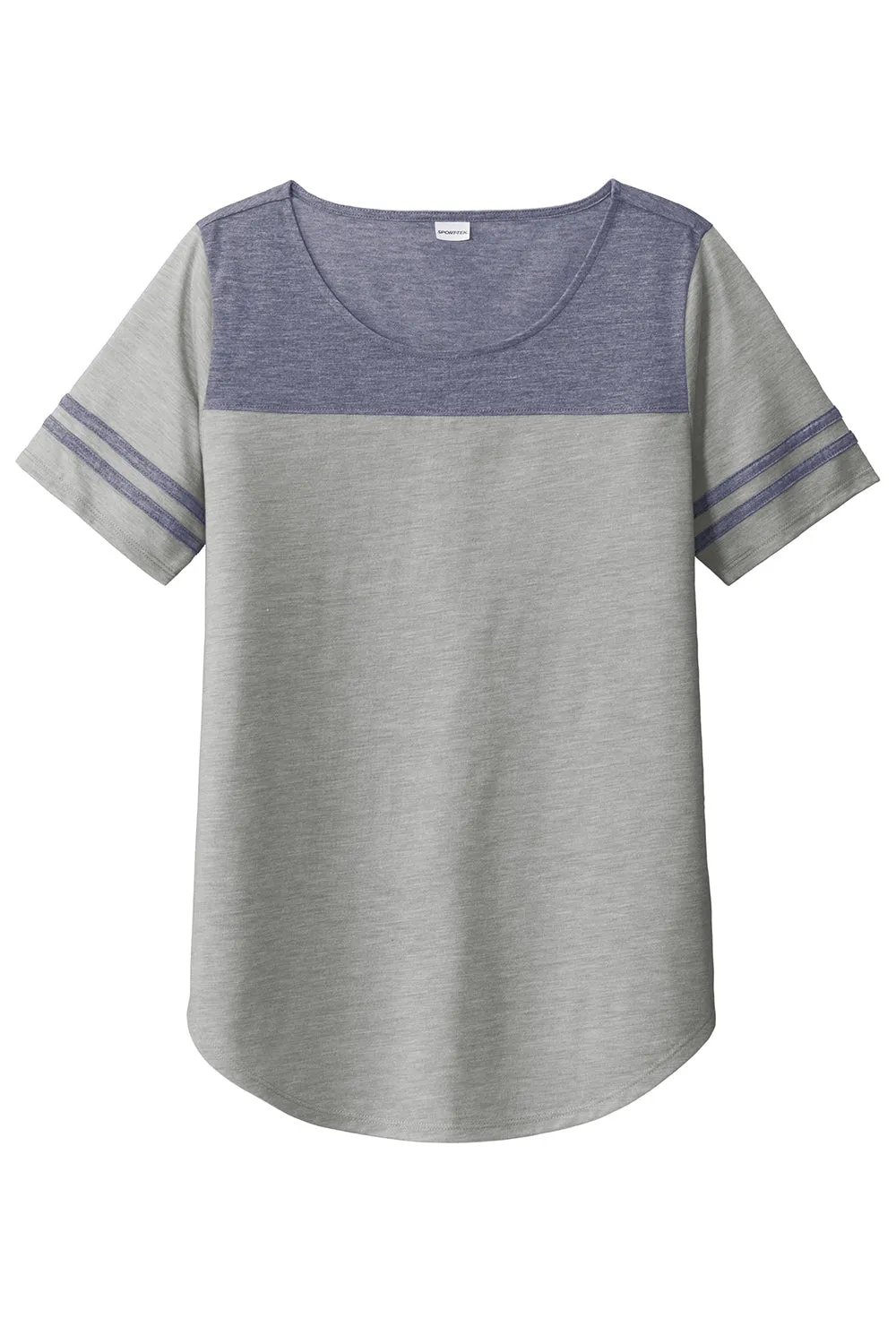 Sport-Tek Womens Fan Moisture Wicking Short Sleeve Crewneck T-Shirt - Heather Light Grey/Heather True Navy Blue - Closeout Clothing Sport-Tek