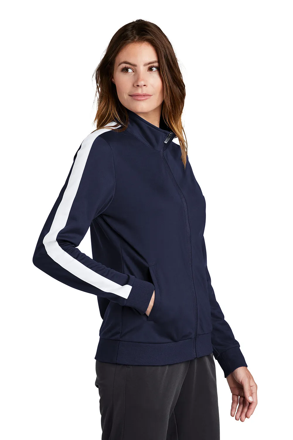 Sport-Tek Womens Full Zip Track Jacket - True Navy Blue/White