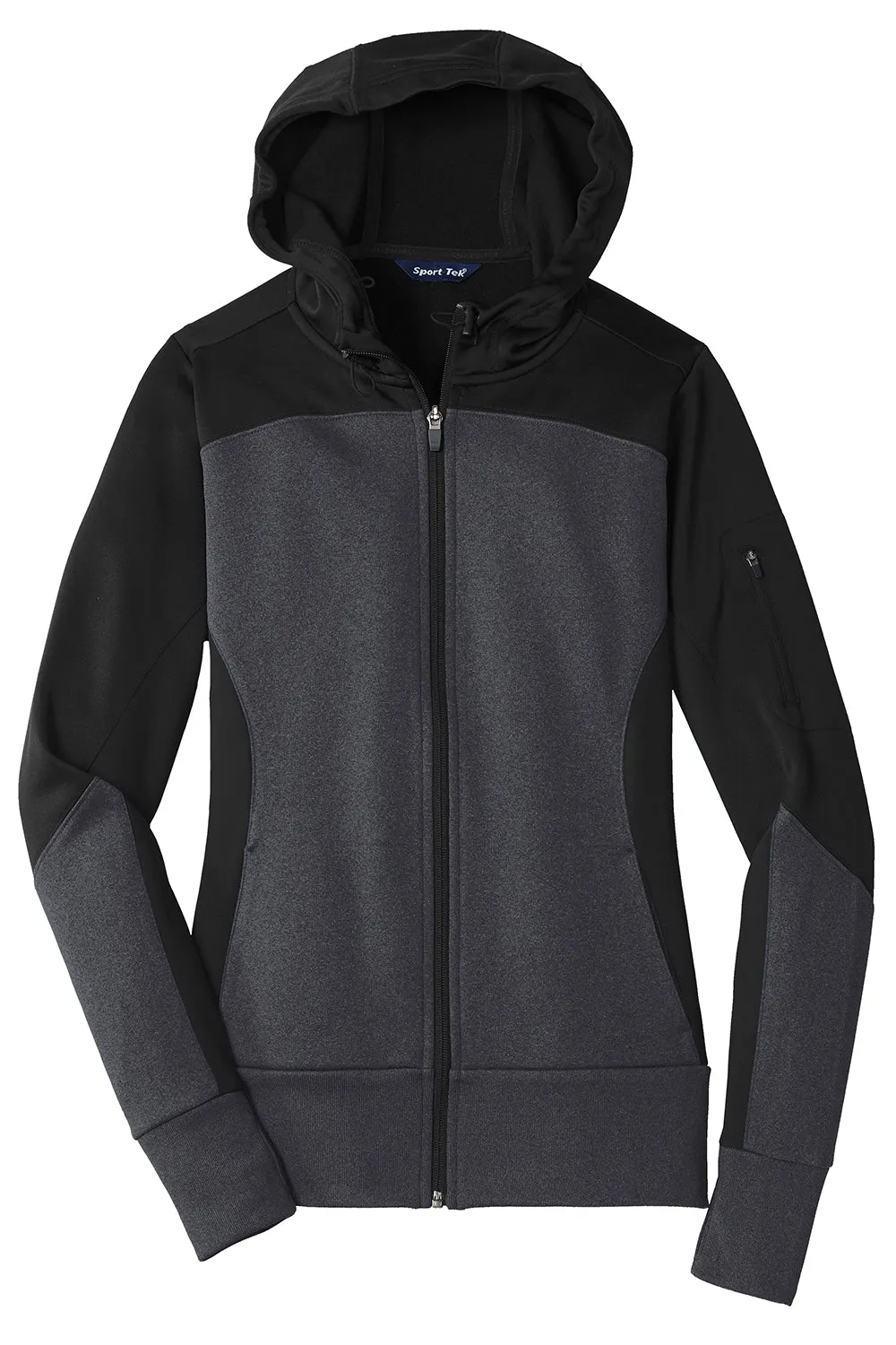 Sport-Tek Womens Moisture Wicking Full Zip Tech Fleece Hooded Jacket - Black/Heather Graphite Grey - Closeout