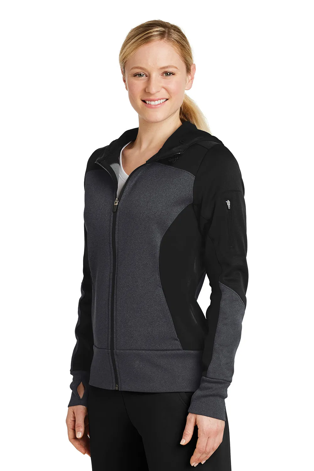 Sport-Tek Womens Moisture Wicking Full Zip Tech Fleece Hooded Jacket - Black/Heather Graphite Grey - Closeout