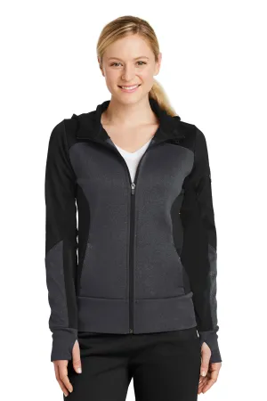 Sport-Tek Womens Moisture Wicking Full Zip Tech Fleece Hooded Jacket - Black/Heather Graphite Grey - Closeout