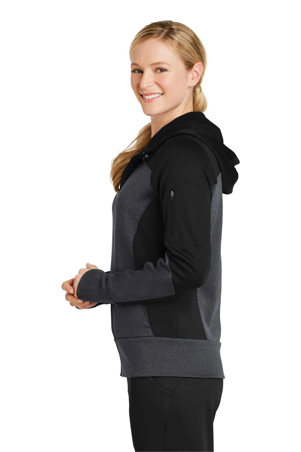 Sport-Tek Womens Moisture Wicking Full Zip Tech Fleece Hooded Jacket - Black/Heather Graphite Grey - Closeout