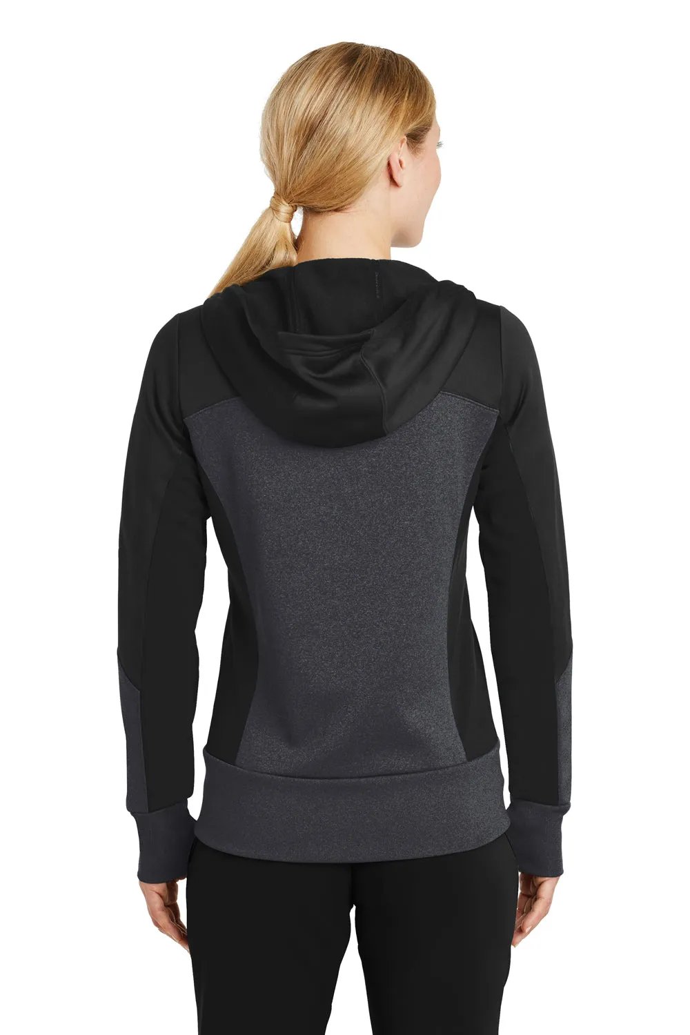 Sport-Tek Womens Moisture Wicking Full Zip Tech Fleece Hooded Jacket - Black/Heather Graphite Grey - Closeout