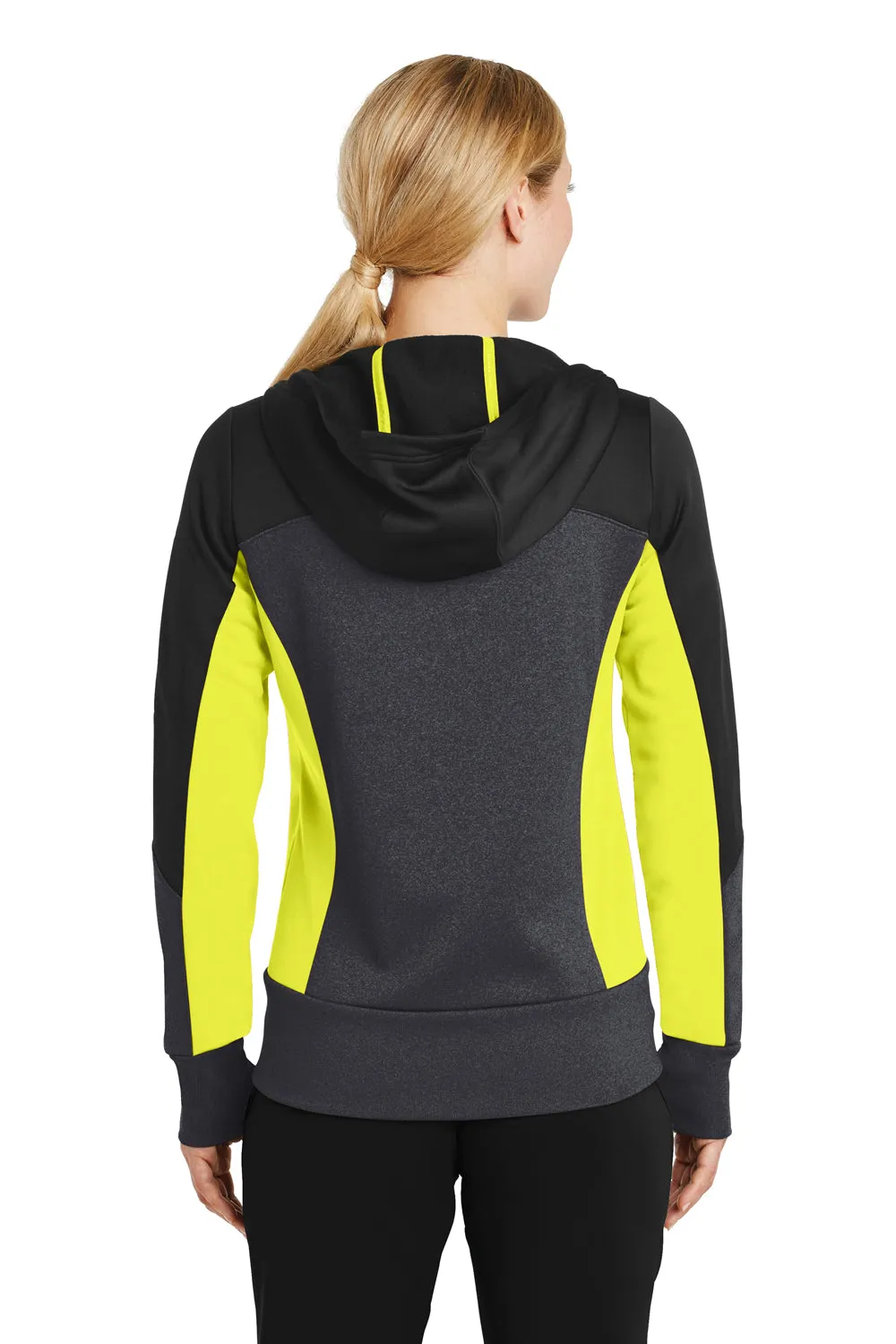 Sport-Tek Womens Moisture Wicking Full Zip Tech Fleece Hooded Jacket - Black/Heather Graphite Grey/Citron Green - Closeout